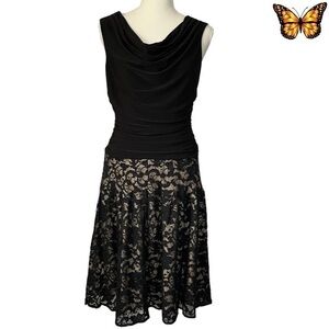 FRANK Lyman Design Cowl Neck Floral Lace Skirt Ruched Bodice A Line Dress Size 6